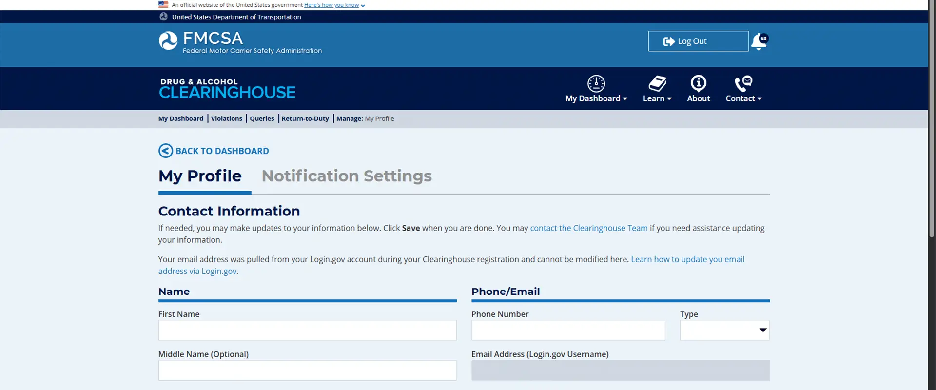 FMCSA Clearinghouse Account Profile with no errors
