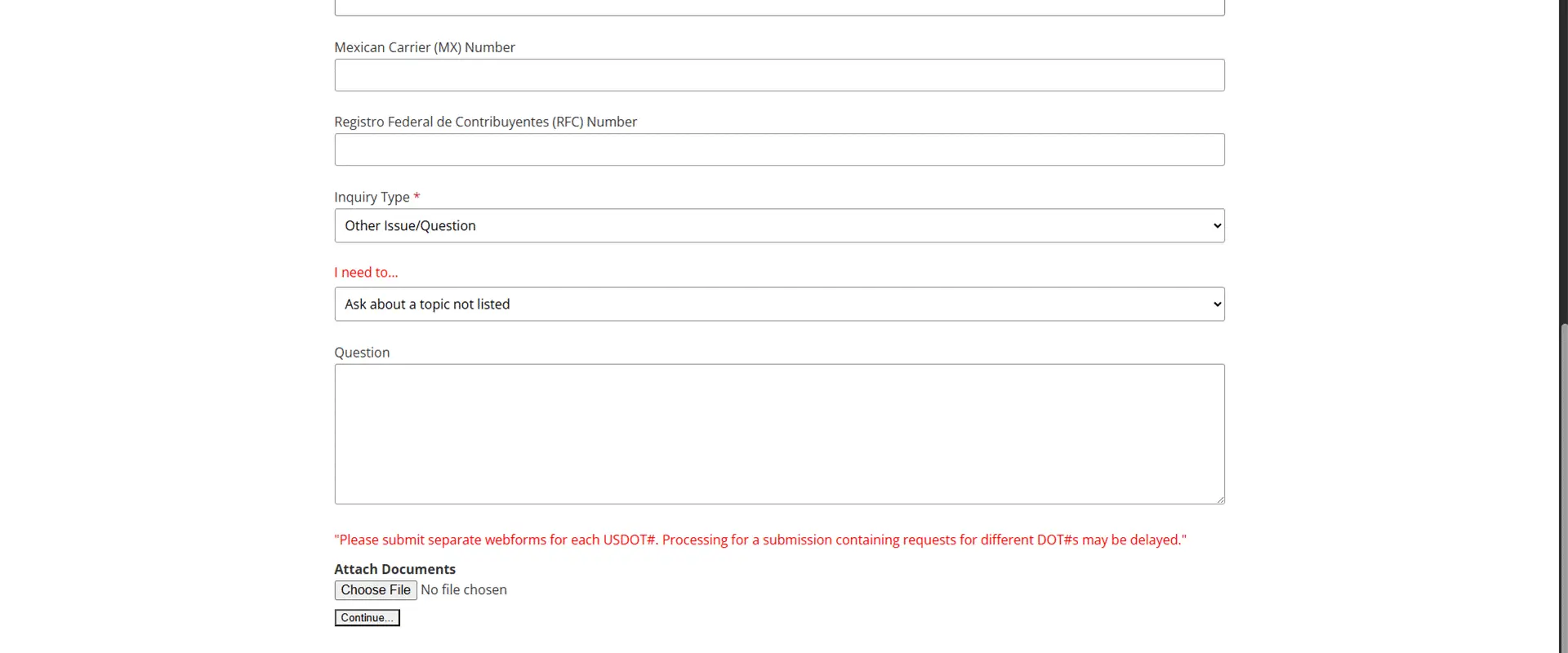 FMCSA Question submission for submitting a ticket