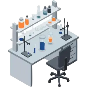 Laboratory Desk and Chair with different color test tubes sitting on the main surface and 2 tier shelves.