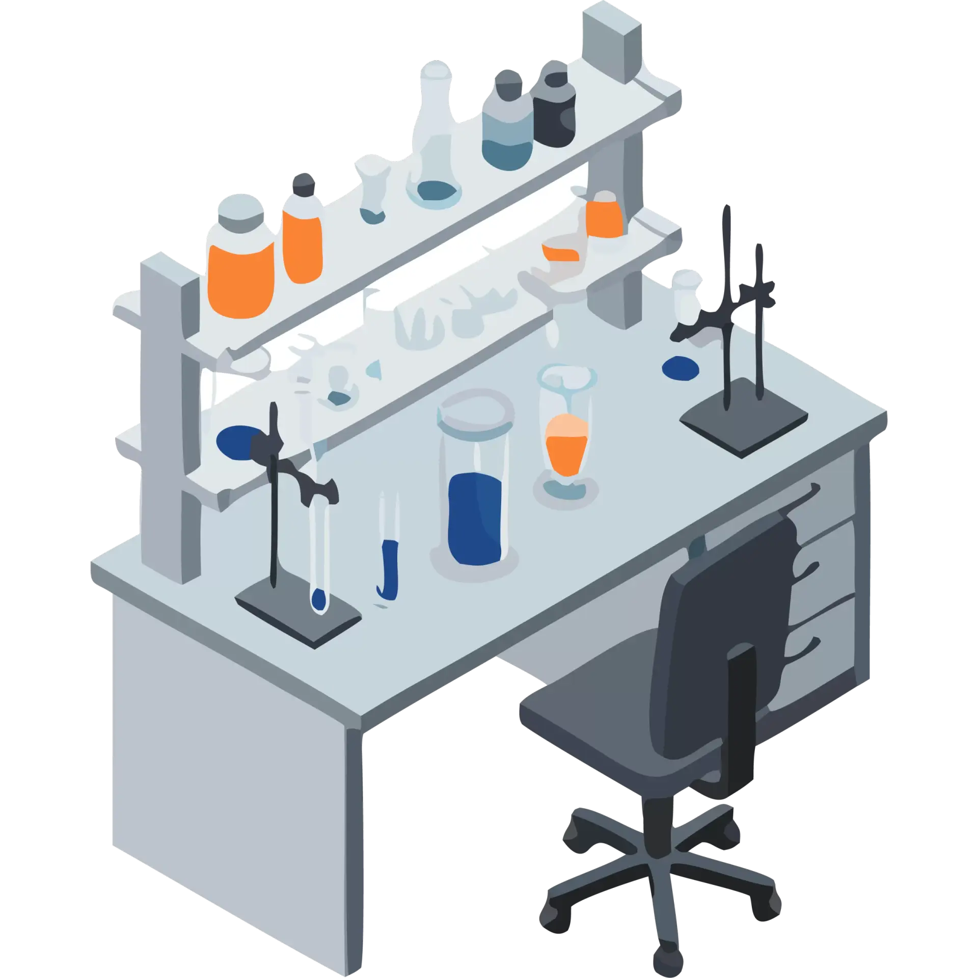Laboratory Desk and Chair with different color test tubes sitting on the main surface and 2 tier shelves.