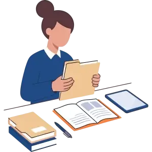 Non descript woman handling files and organizing books and papers
