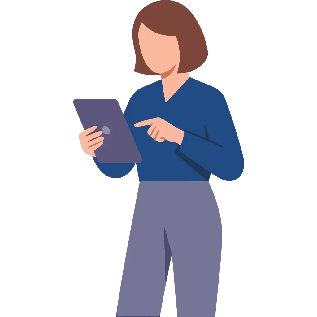 Flat Modern Art of Woman standing up and holding a tablet while using it