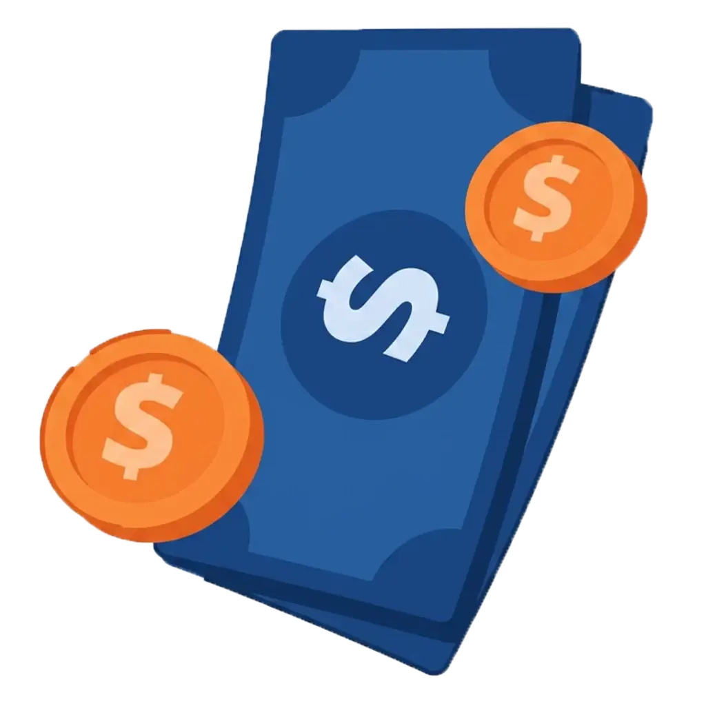 Picture of Blue Dollar bills and coins next to them