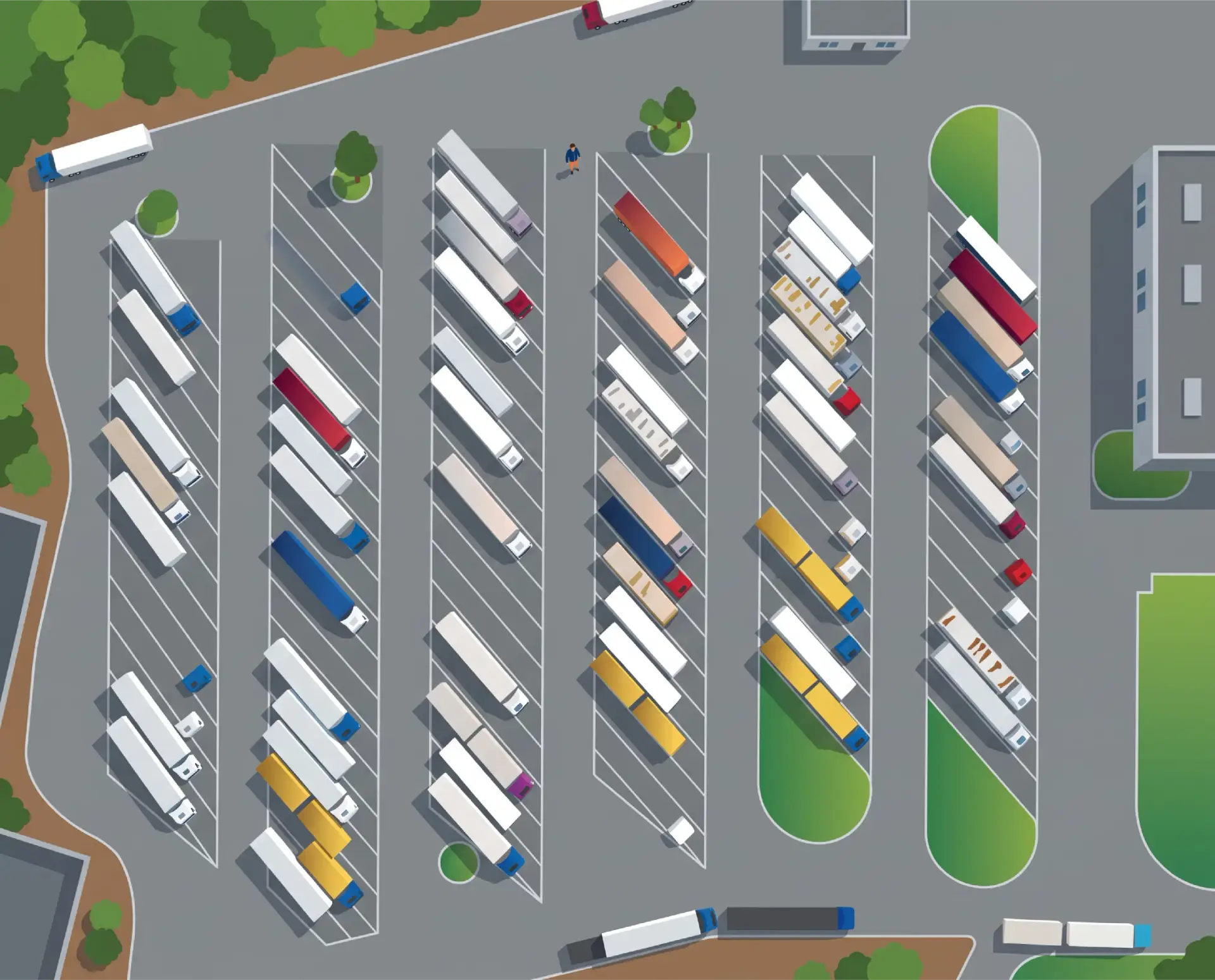 Semi trucks lined up in a parking lot